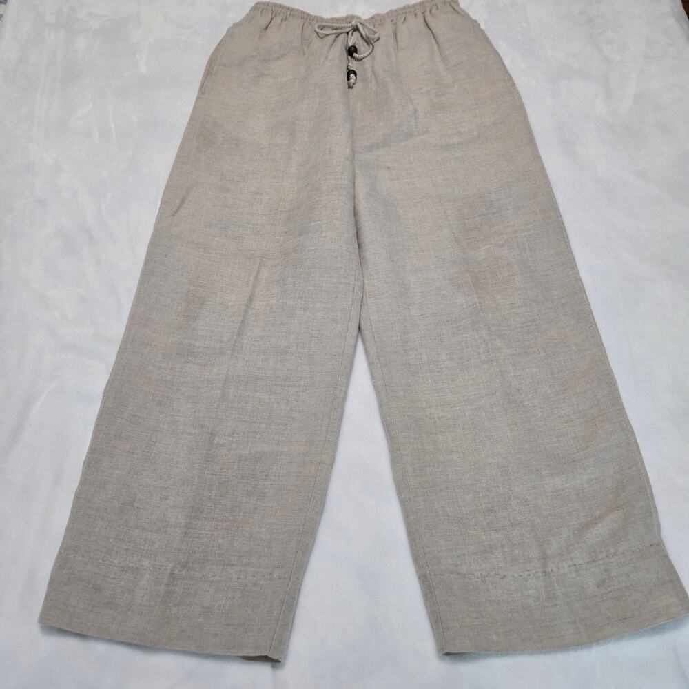 Lizwear Linen Cotton Wide Leg Pants S Beige Drawstring Vintage Hemmed